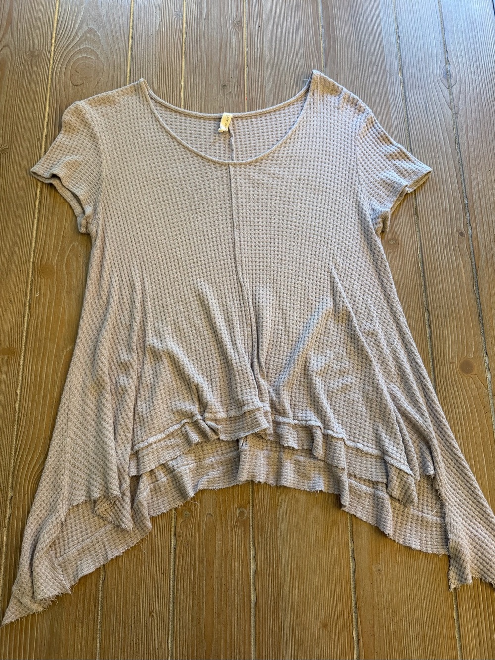 Relaxed Washed Taupe Short Sleeve Waffle Tunic - Layered Hem
